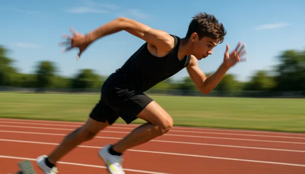 A young athlete executing a sprint start.