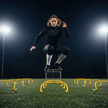 A footballer jumping over some hurdles to work on their agility and force production.